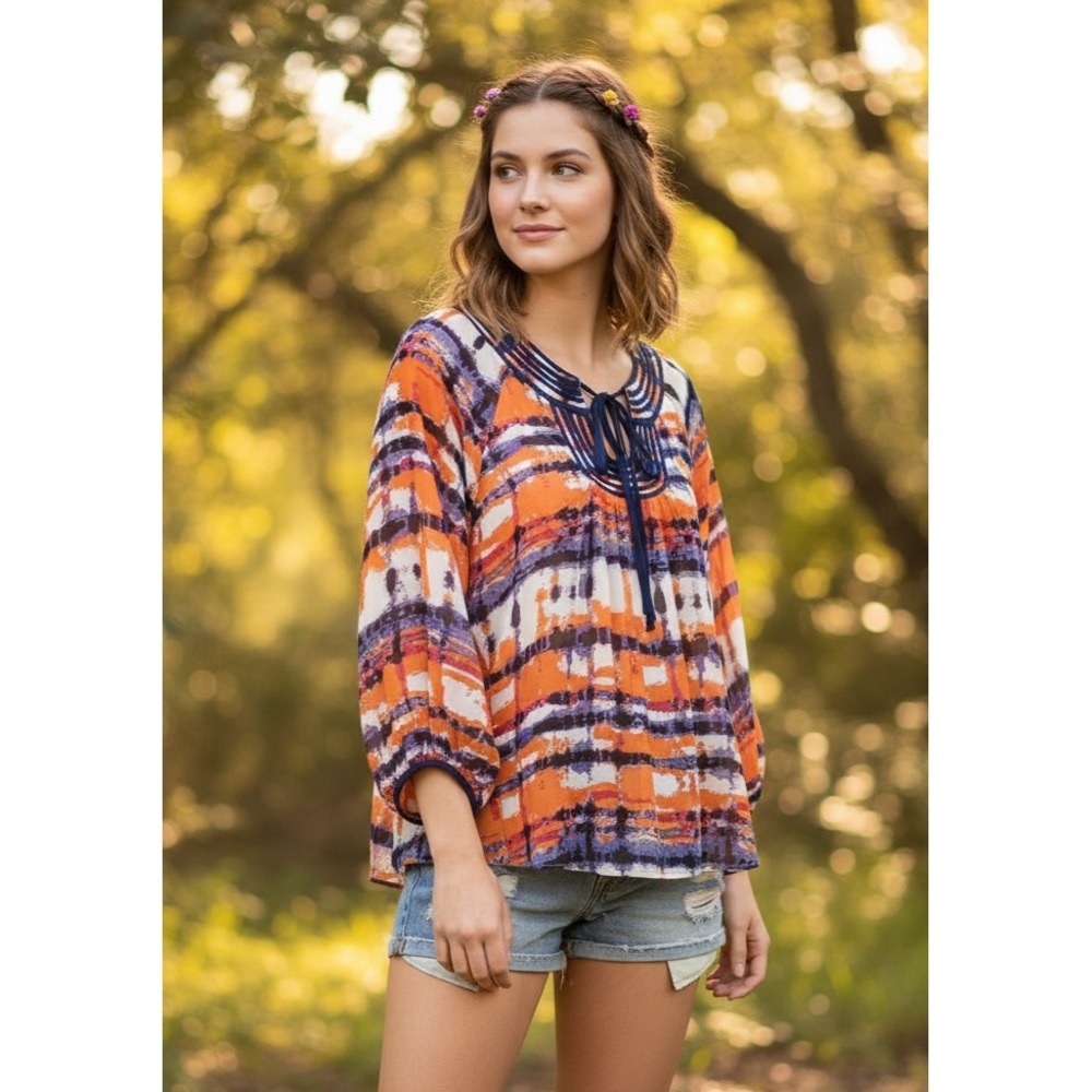 Jade Melody Tam M Top Orange Purple Blue Boho Peasant Festival Indie Art Fairy